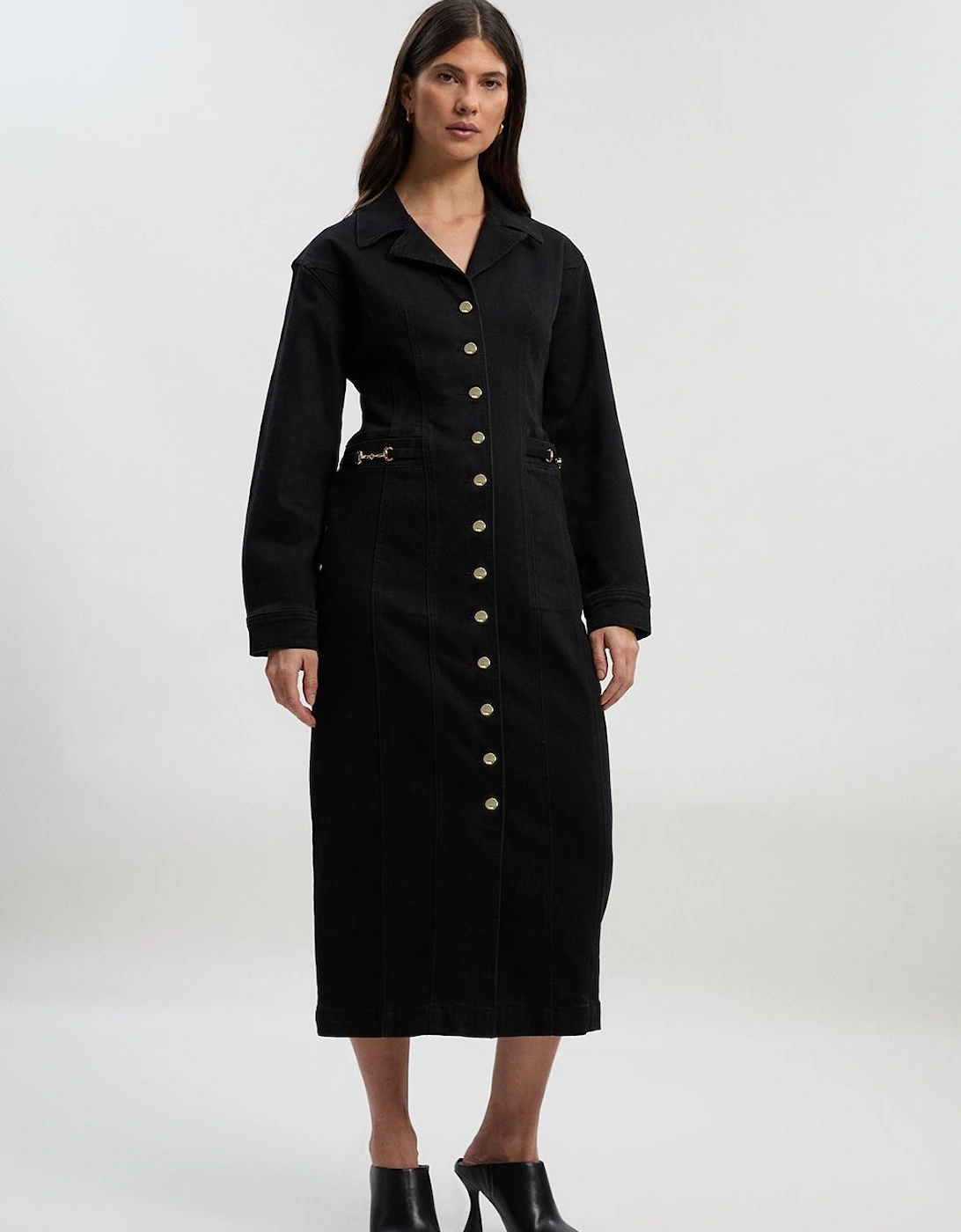 Denim Collared Pencil Midi Dress, 2 of 1