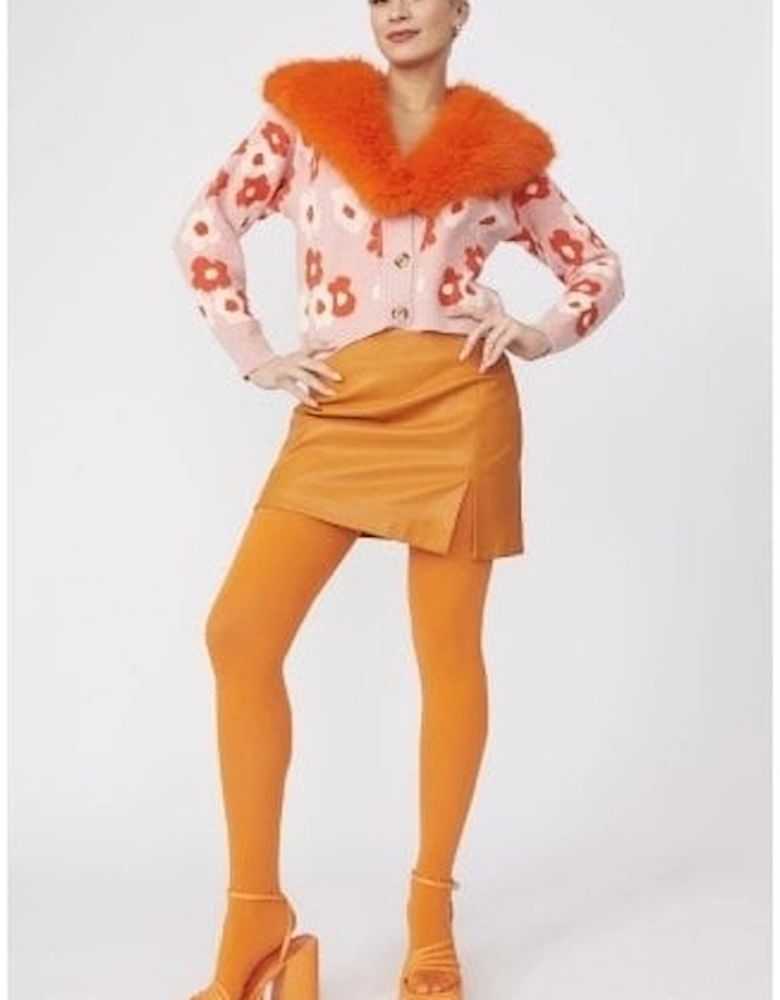 Pink Banana Peel Floral Cardigan with Faux Fur Collar