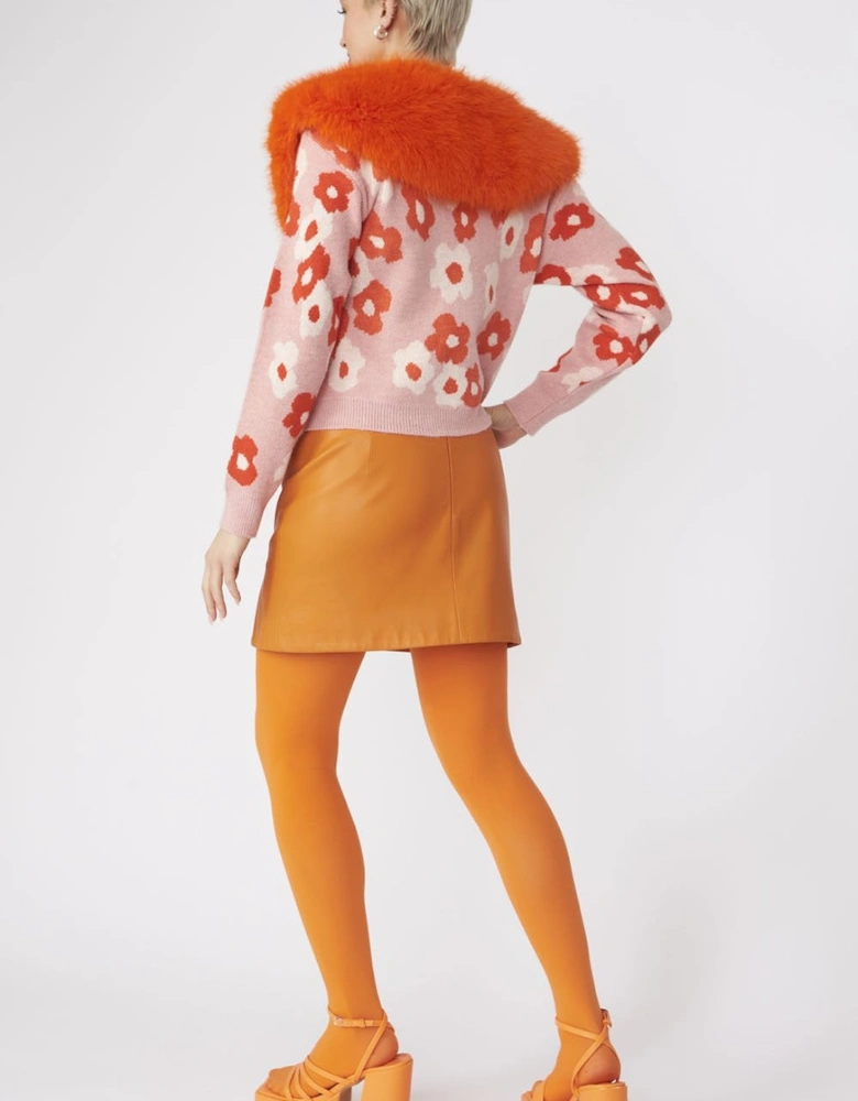 Pink Banana Peel Floral Cardigan with Faux Fur Collar