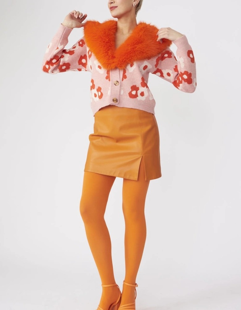 Pink Banana Peel Floral Cardigan with Faux Fur Collar
