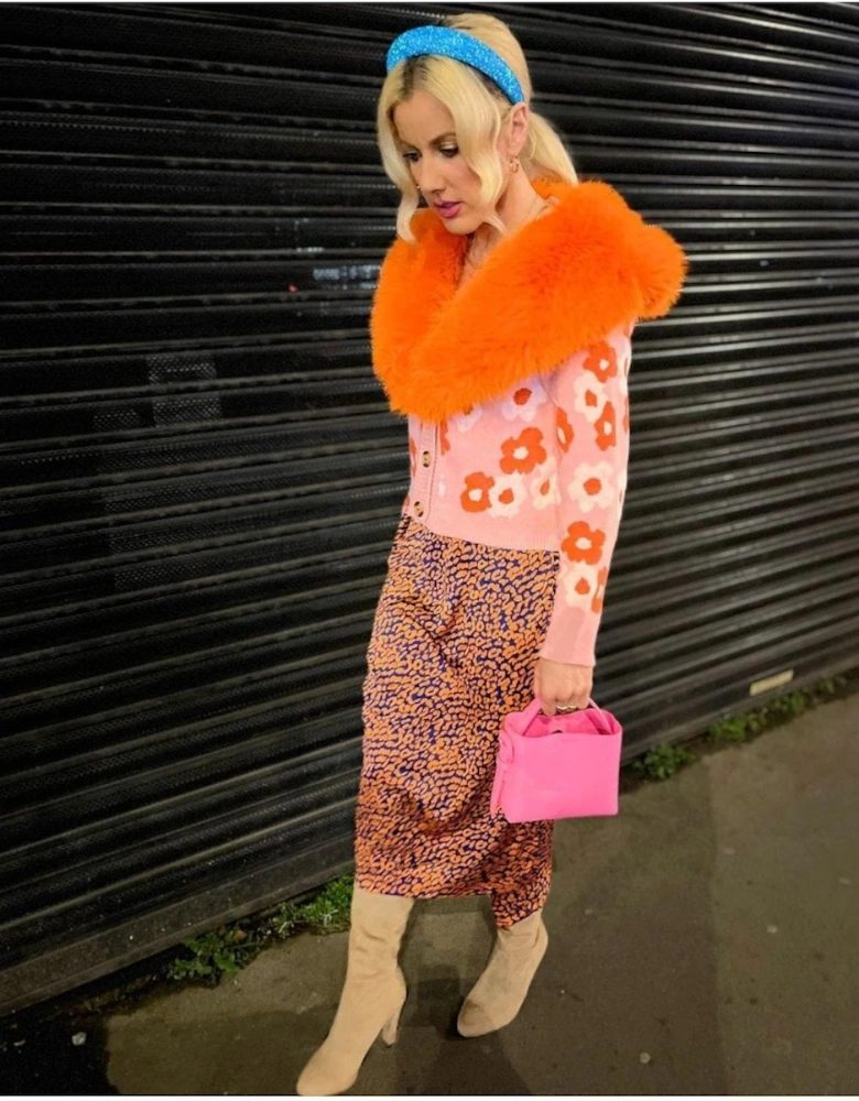 Pink Banana Peel Floral Cardigan with Faux Fur Collar