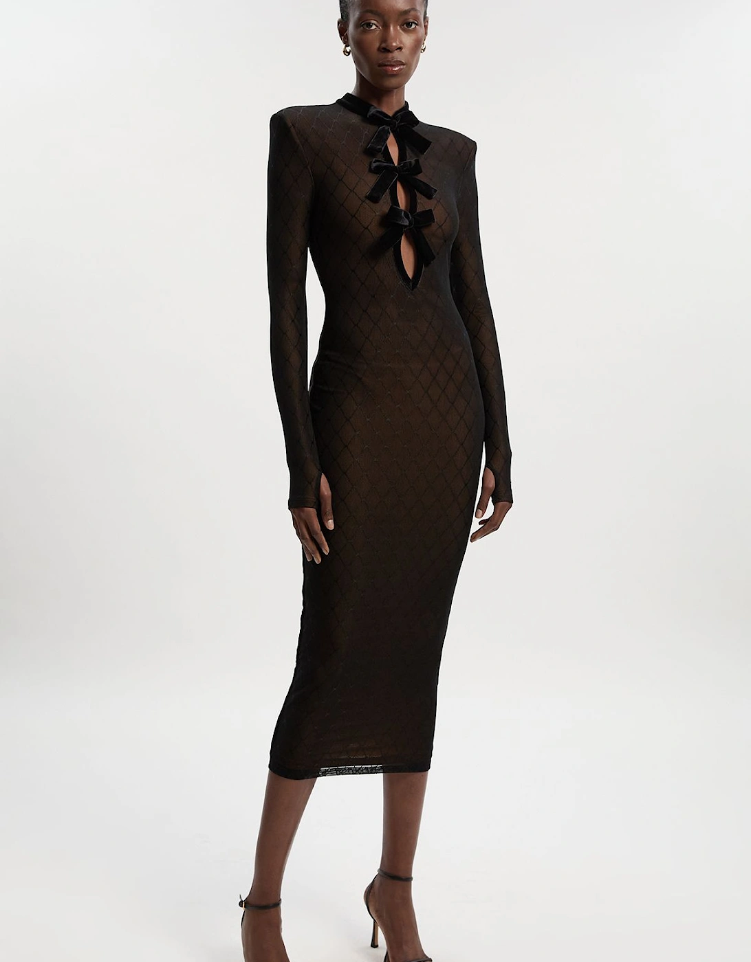 Mesh With Velvet Bow Trim Detail Long Sleeve Midi Dress, 2 of 1