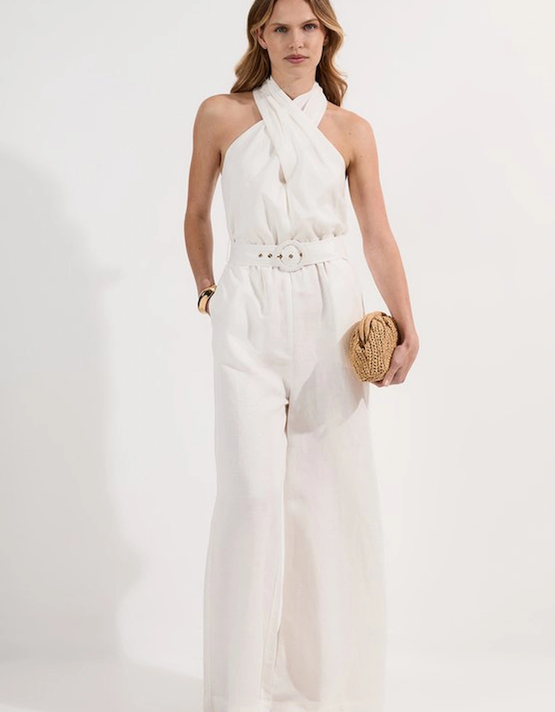 Linen Viscose Cross Front Woven Belted Jumpsuit