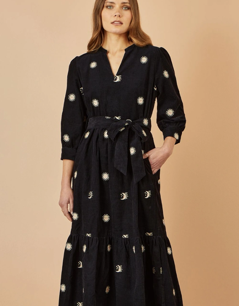 Black Cosmic Embroidery Cord Midi Shirt Dress