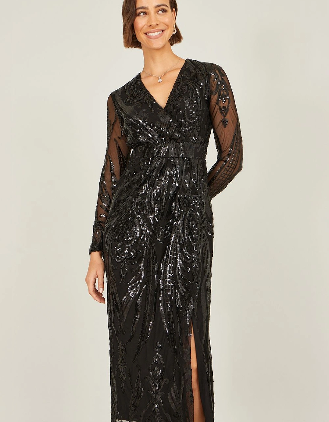 Black Sequin Midi Wrap Dress With Split Hemline And Long Sleeves, 2 of 1
