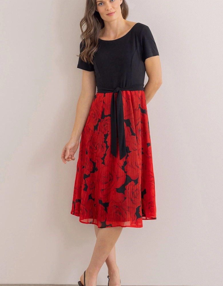 Floral Print And Plain Short Sleeve Dress