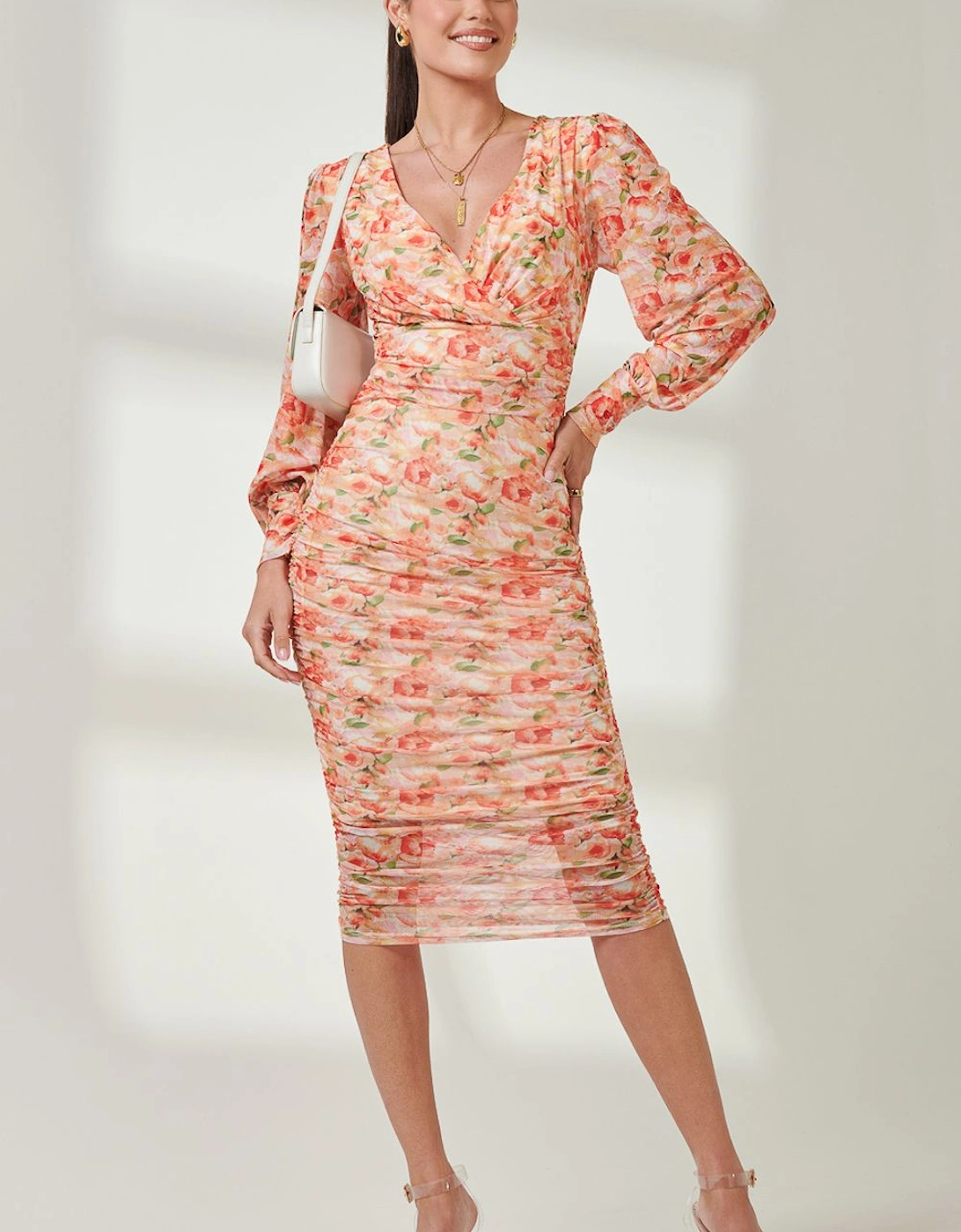 Long Sleeve Ruched Mesh Midi Dress, 2 of 1