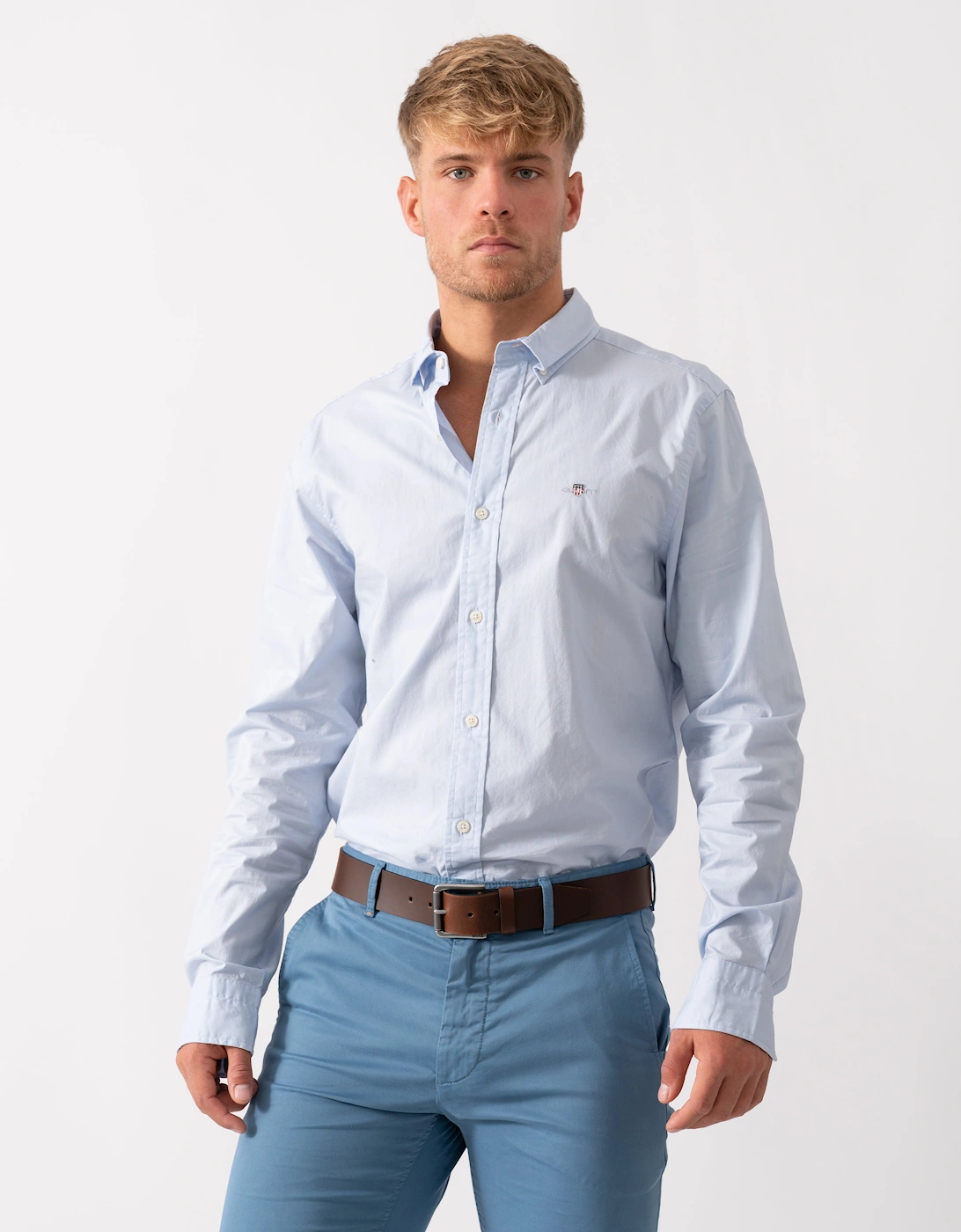 Men's GANT Mens Slim Fit Long Sleeve Poplin Shirt - 455 Light Blue - Size: 40/Regular