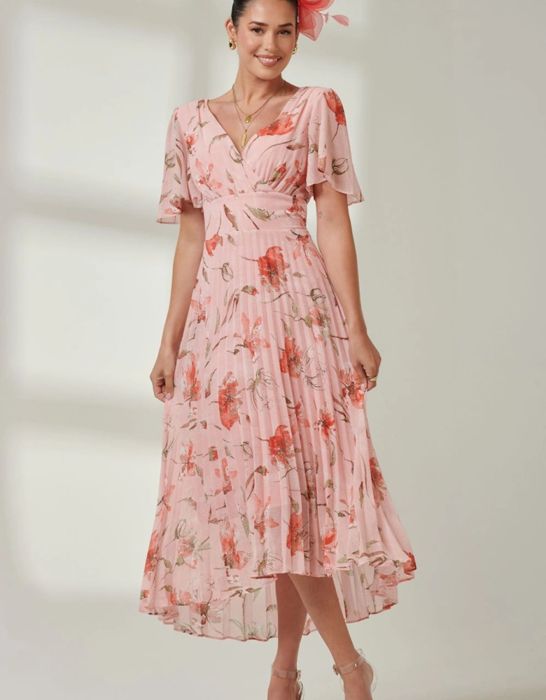 Pleated Dip Hem Chiffon Maxi Dress