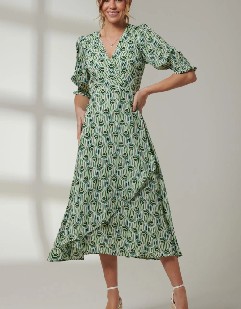 Ellie Crepe Wrap Puff Sleeve Midi Dress