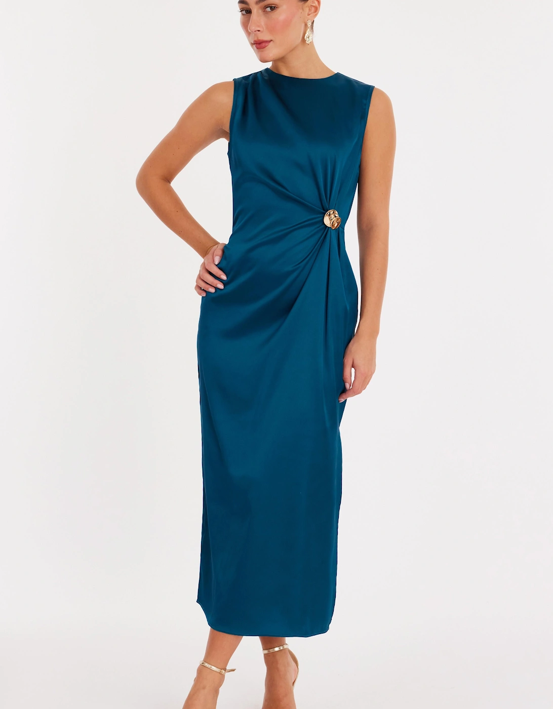 Teal Satin Buckle Side Midaxi Dress, 2 of 1