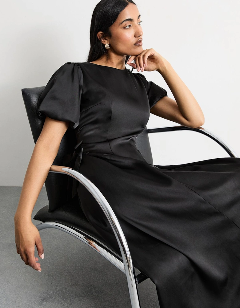 Heavy Satin Bow Detail Godet Midi Dress