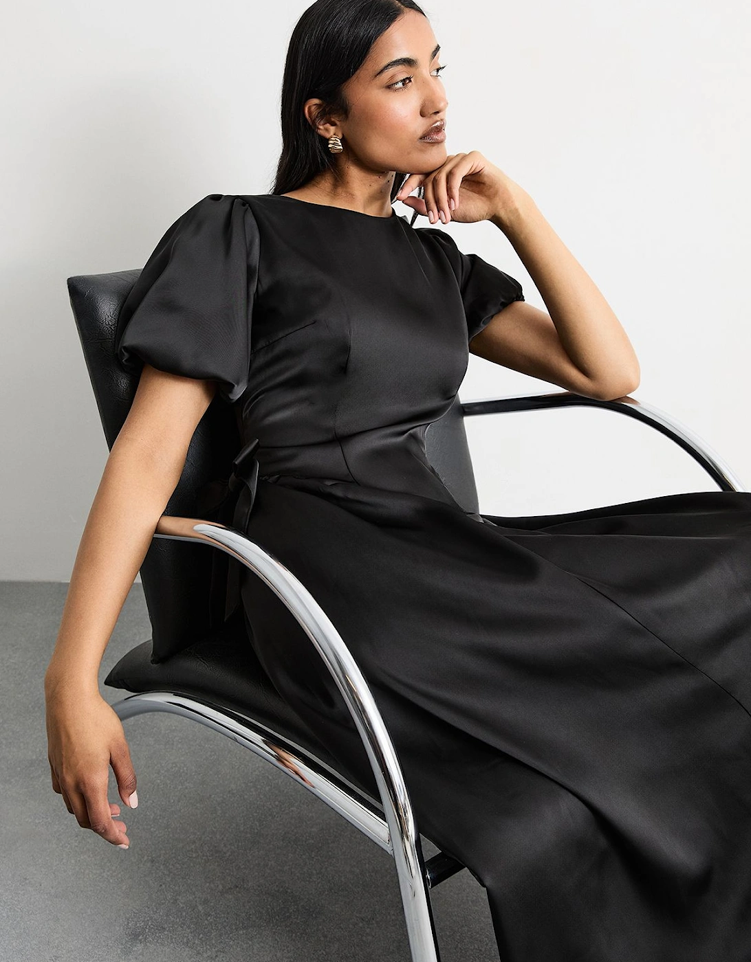 Heavy Satin Bow Detail Godet Midi Dress, 2 of 1