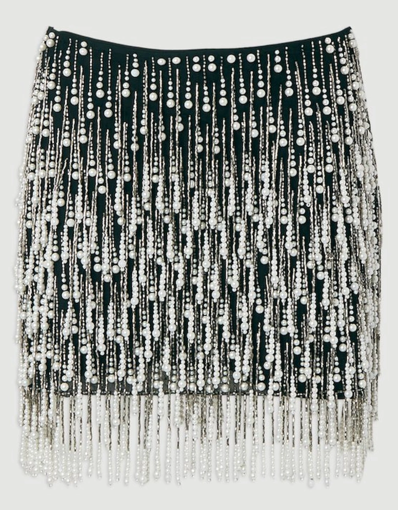 Pearl Tassel Embellished Woven Mini Skirt