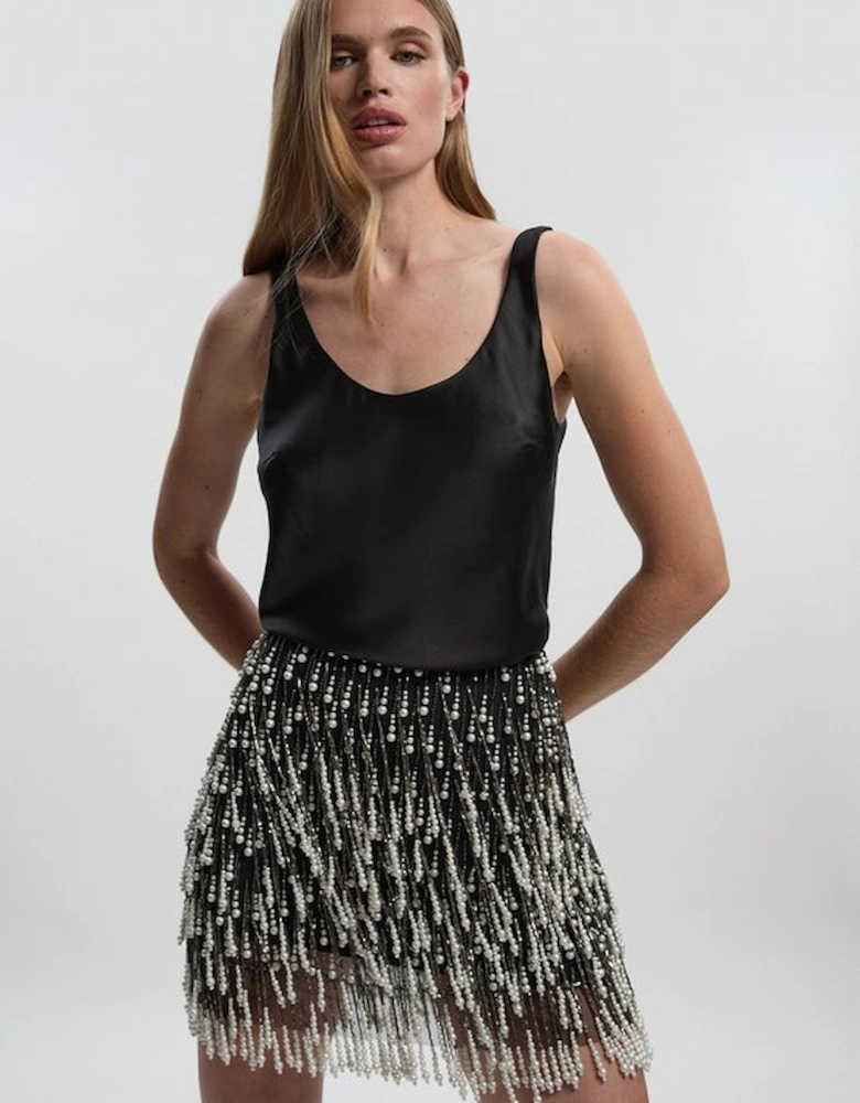 Pearl Tassel Embellished Woven Mini Skirt