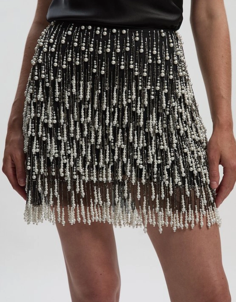 Pearl Tassel Embellished Woven Mini Skirt