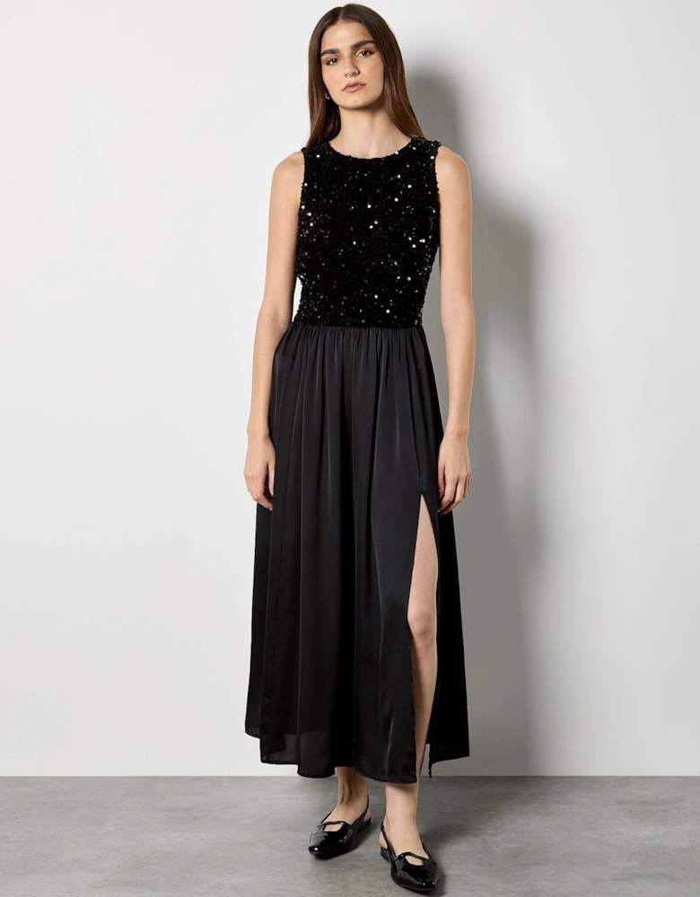 Velvet Sequin Bodice Midi Dress