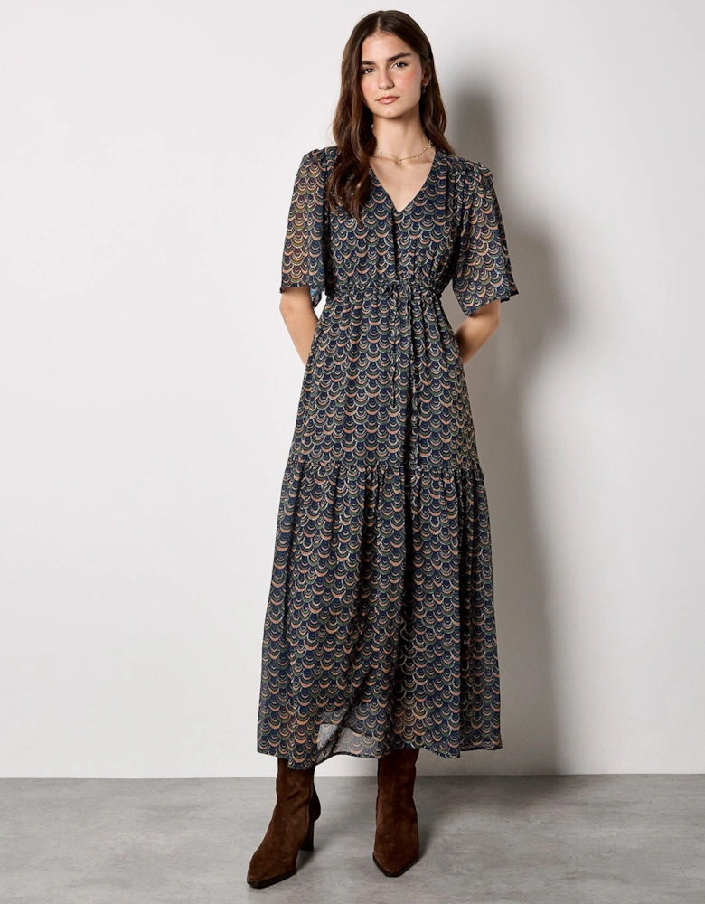 Gold foil Scallop Chiffon Maxi Dress