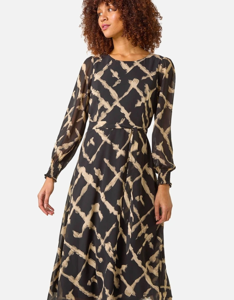 Slash Print Belted Midi Dress