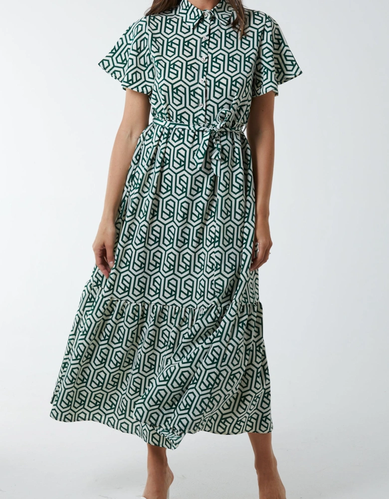 Green Geometric Tiered Maxi Dress