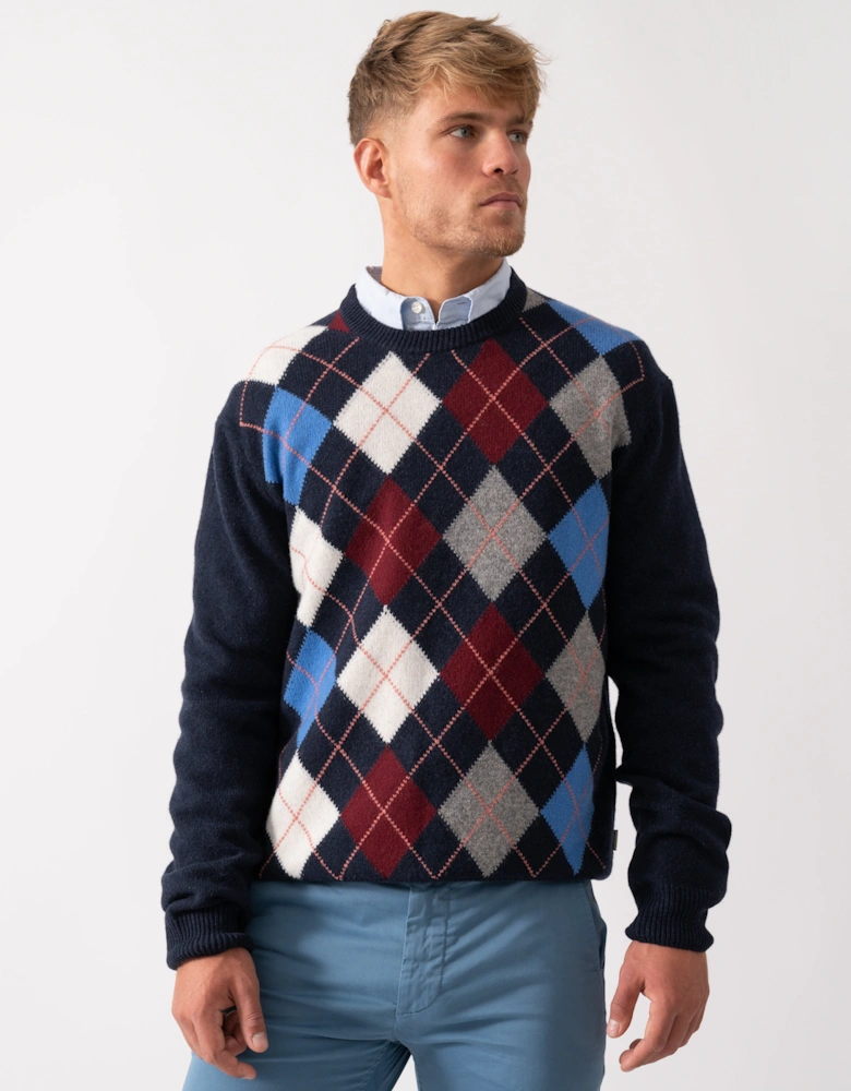 Mens Argyle Crew Neck Jumper - 480 Dark Navy Melange
