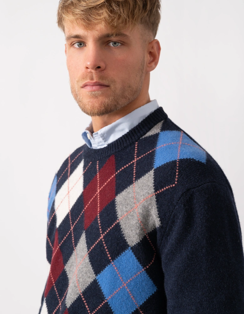Mens Argyle Crew Neck Jumper - 480 Dark Navy Melange