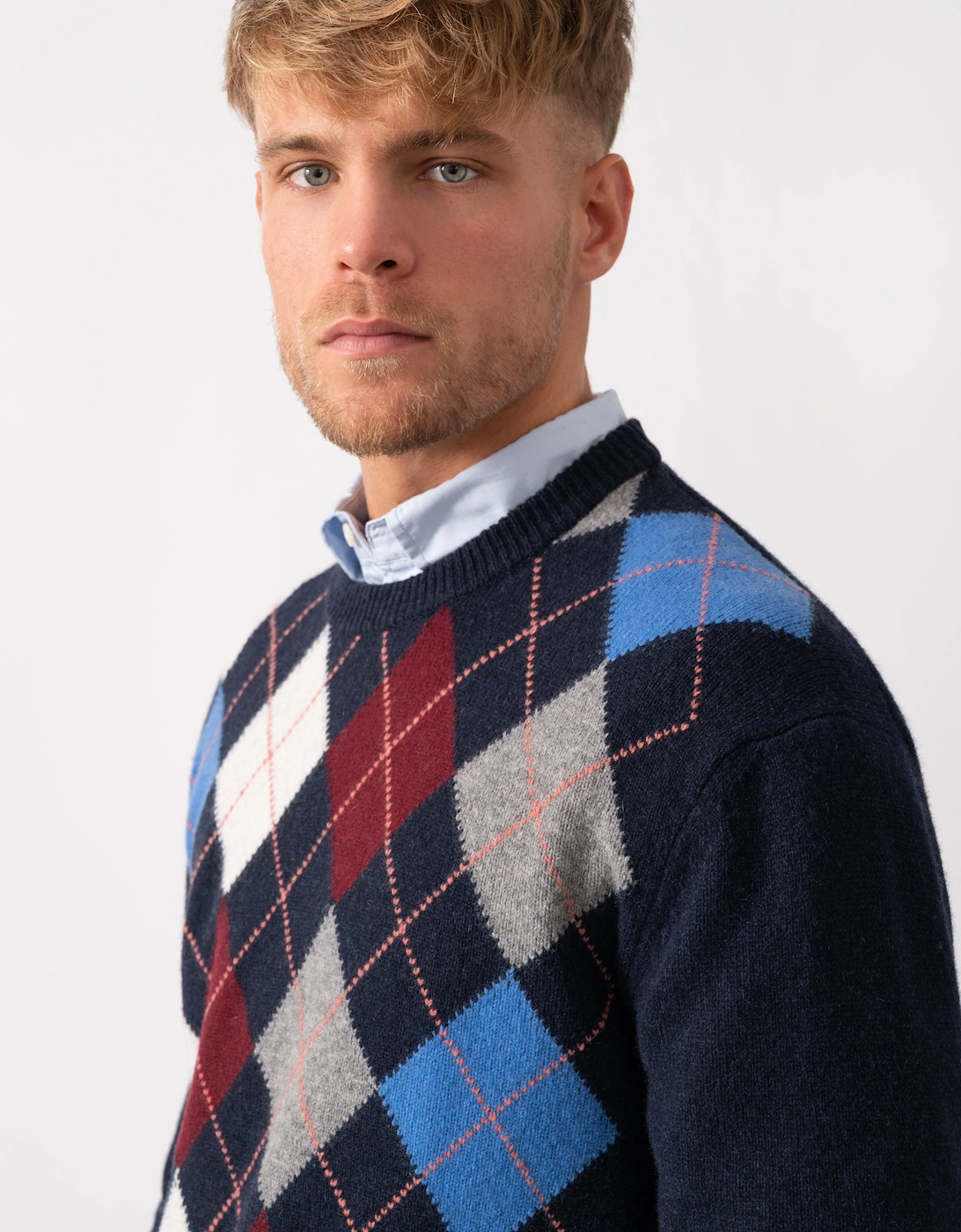 Mens Argyle Crew Neck Jumper - 480 Dark Navy Melange