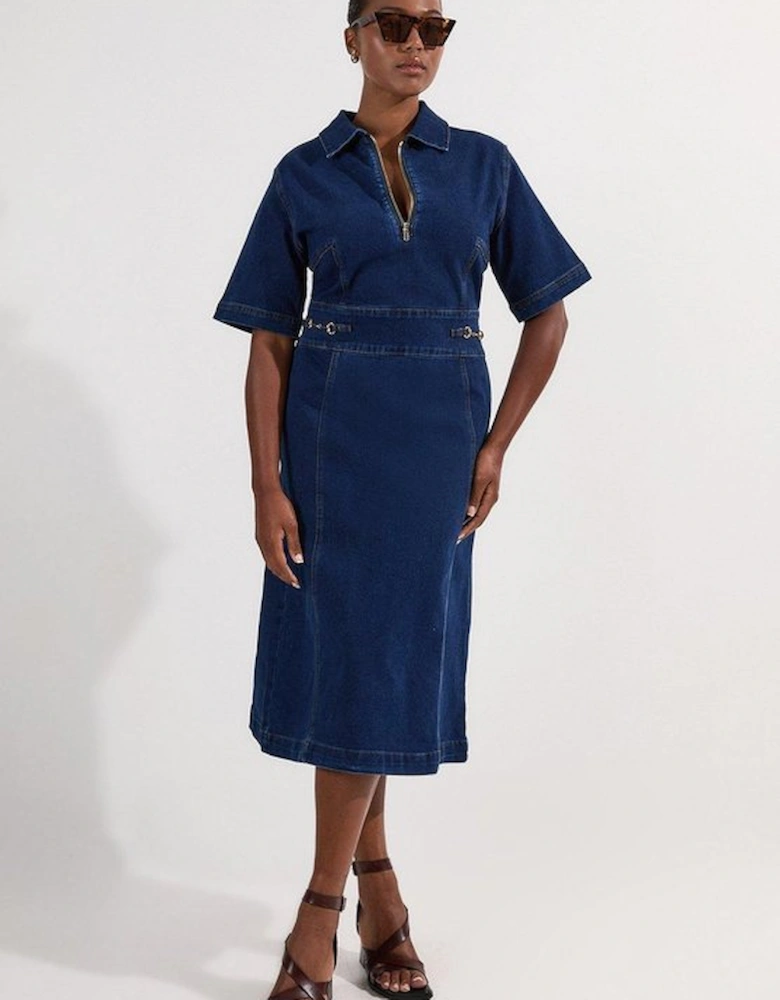 Plus Size Stretch Denim Snaffle Trim Collared Midi Dress