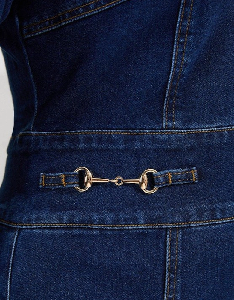 Plus Size Stretch Denim Snaffle Trim Collared Midi Dress