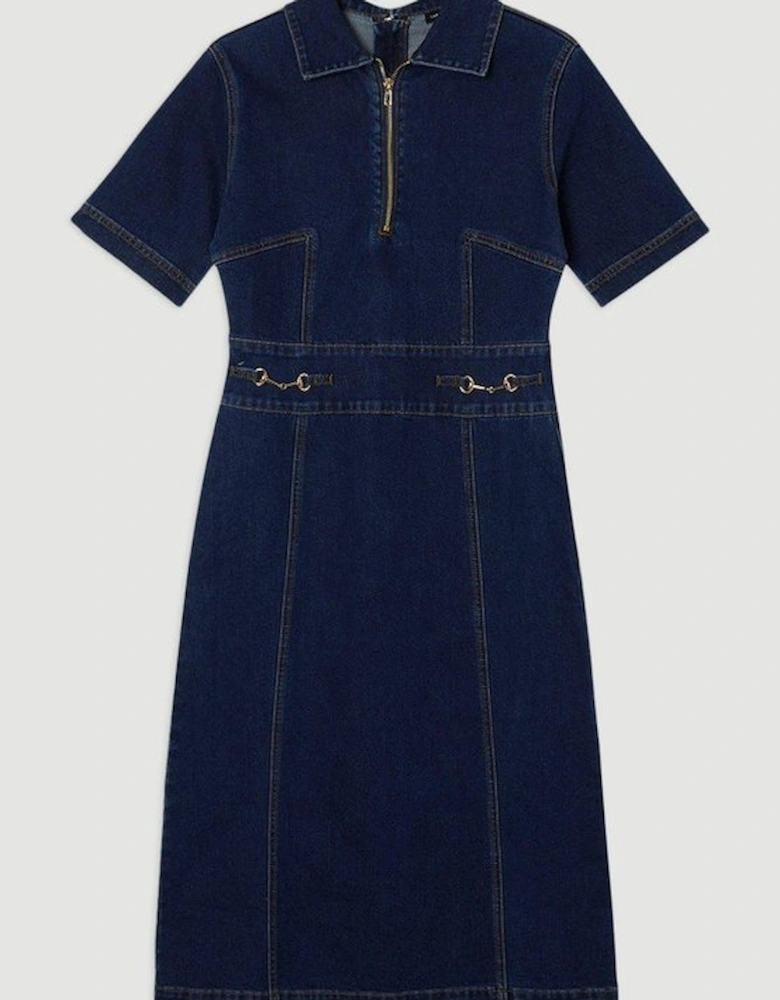Plus Size Stretch Denim Snaffle Trim Collared Midi Dress
