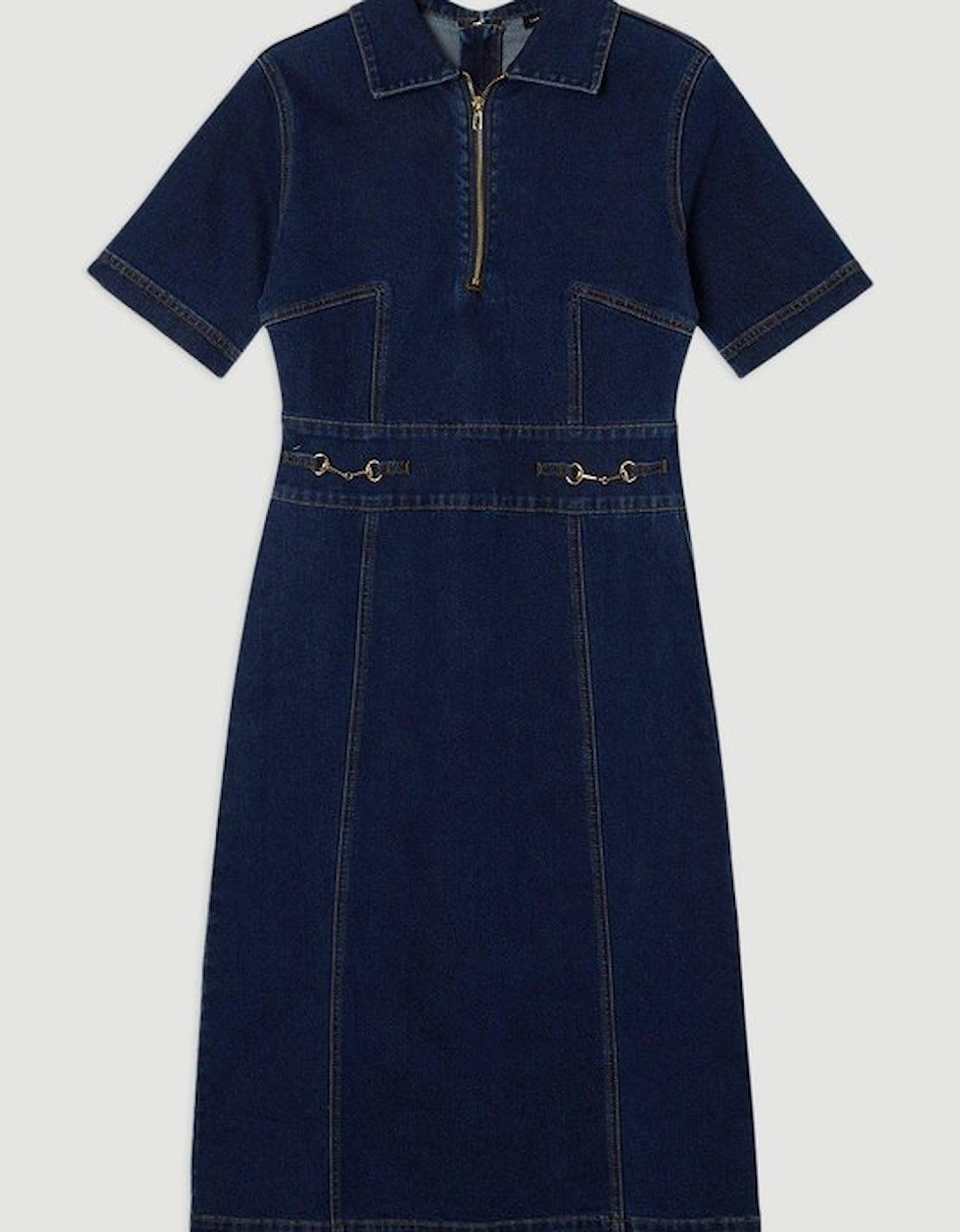 Plus Size Stretch Denim Snaffle Trim Collared Midi Dress