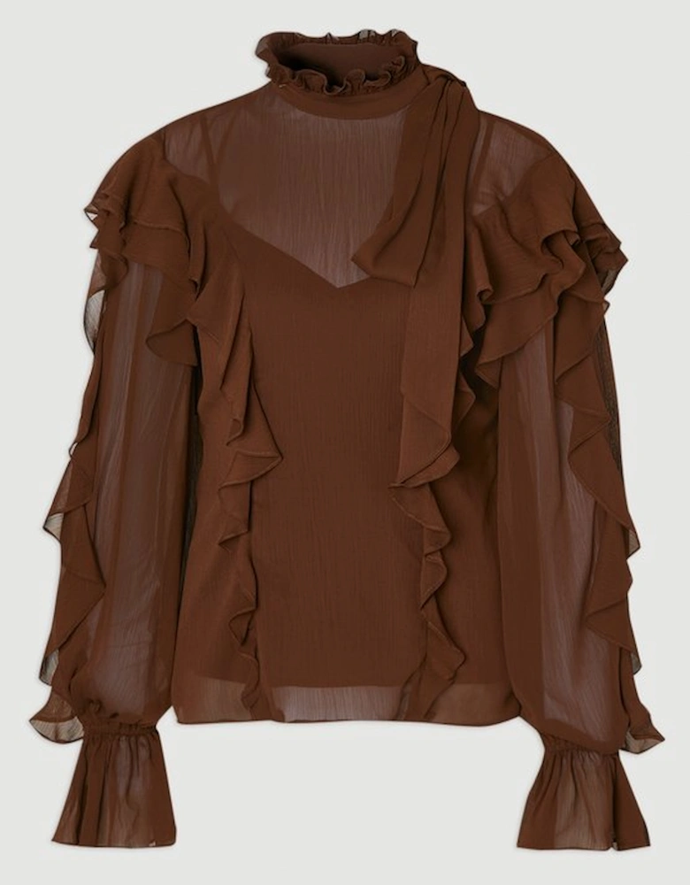 Ruffle Front Crinkle Georgette Pussy Bow Blouse