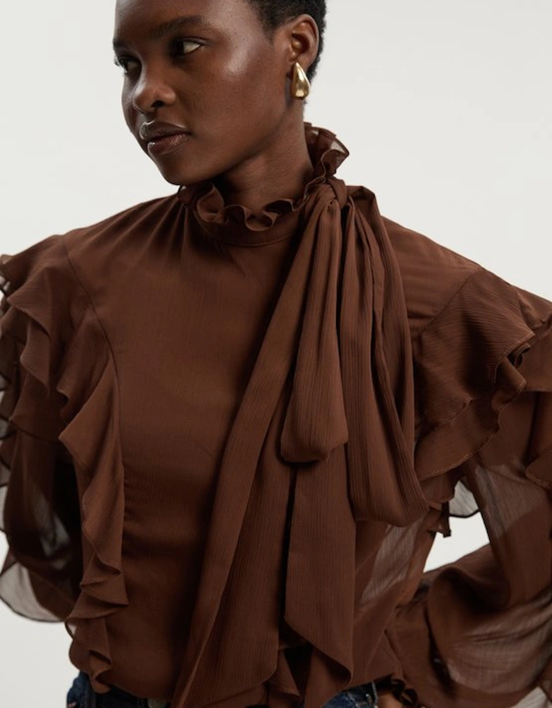 Ruffle Front Crinkle Georgette Pussy Bow Blouse