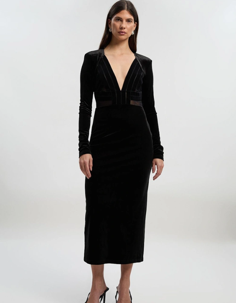 Stretch Velvet Taping Detail Mesh Plunge Neck Cut Out Back Midi Dress
