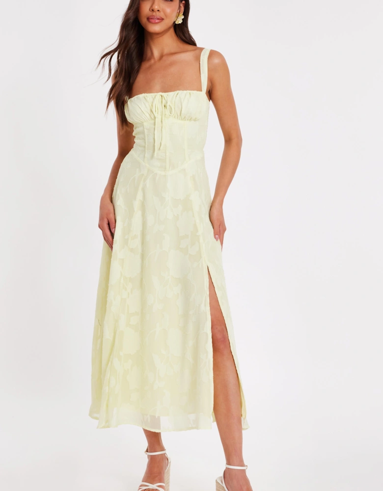 Yellow Jacquard Ruched Midaxi Dress