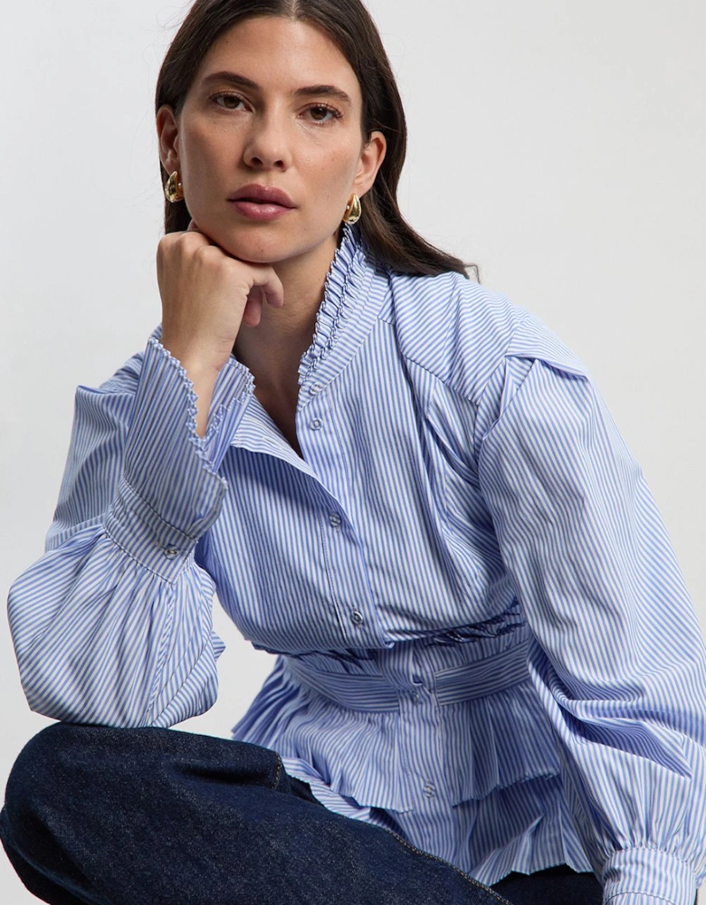 Cotton Poplin Stripe Tiered Ruffle Detail Long Sleeve Woven Blouse