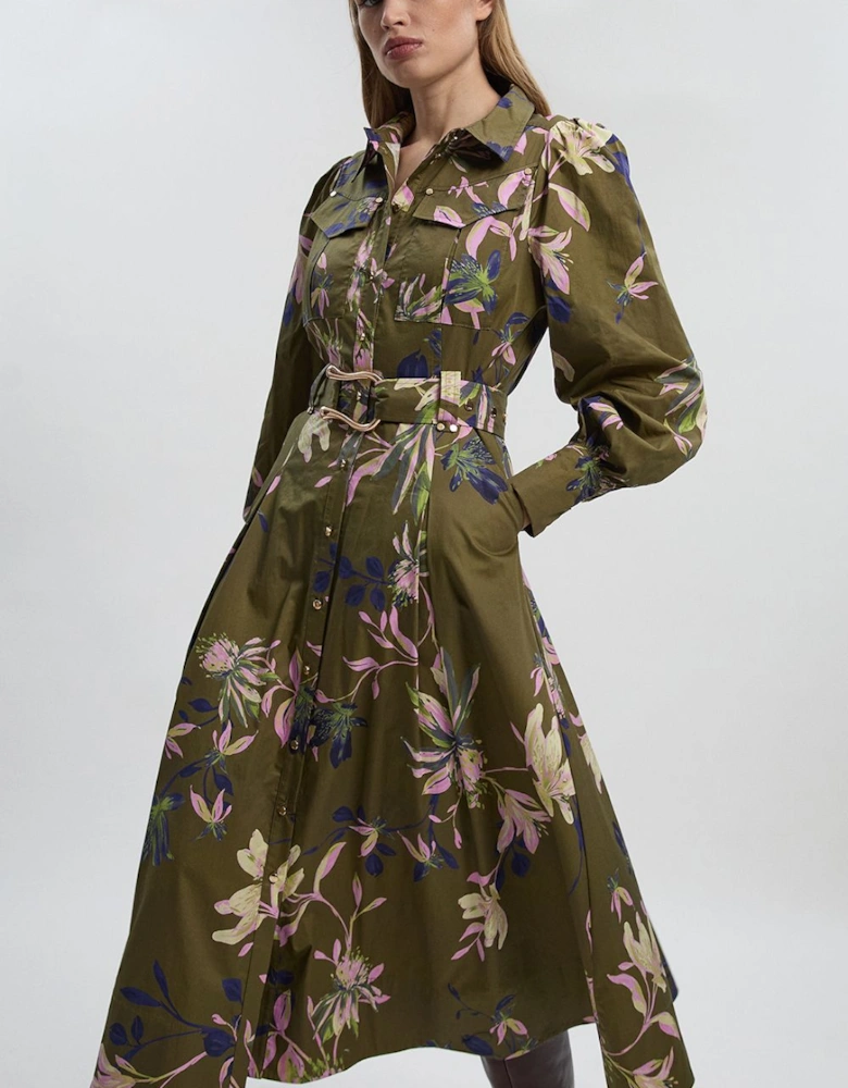Floral Print Cotton Sateen Woven Midi Shirt Dress