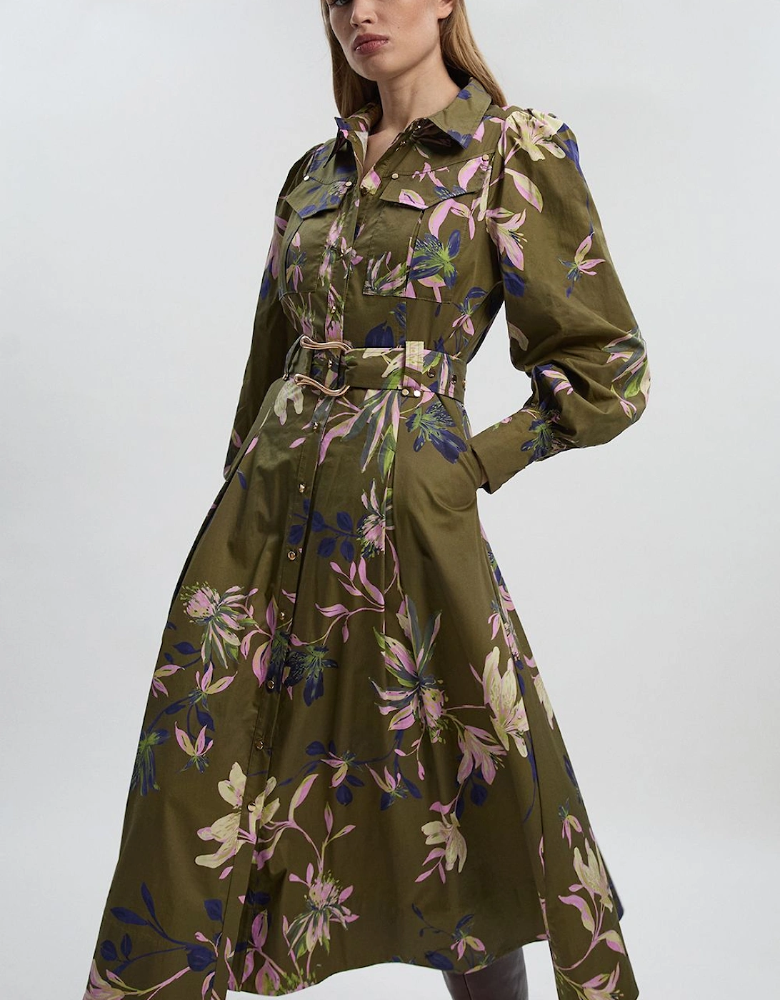 Floral Print Cotton Sateen Woven Midi Shirt Dress, 2 of 1