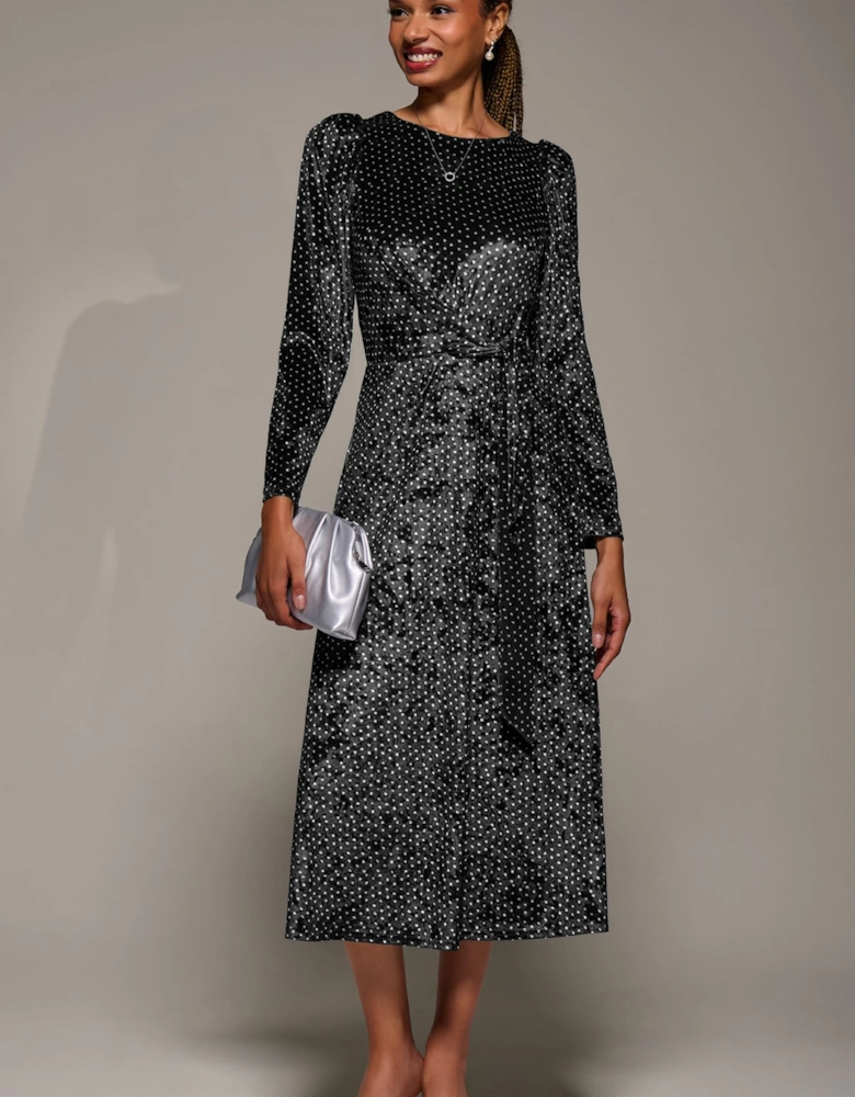 Long Sleeve Velvet Tie Detail Midi Dress