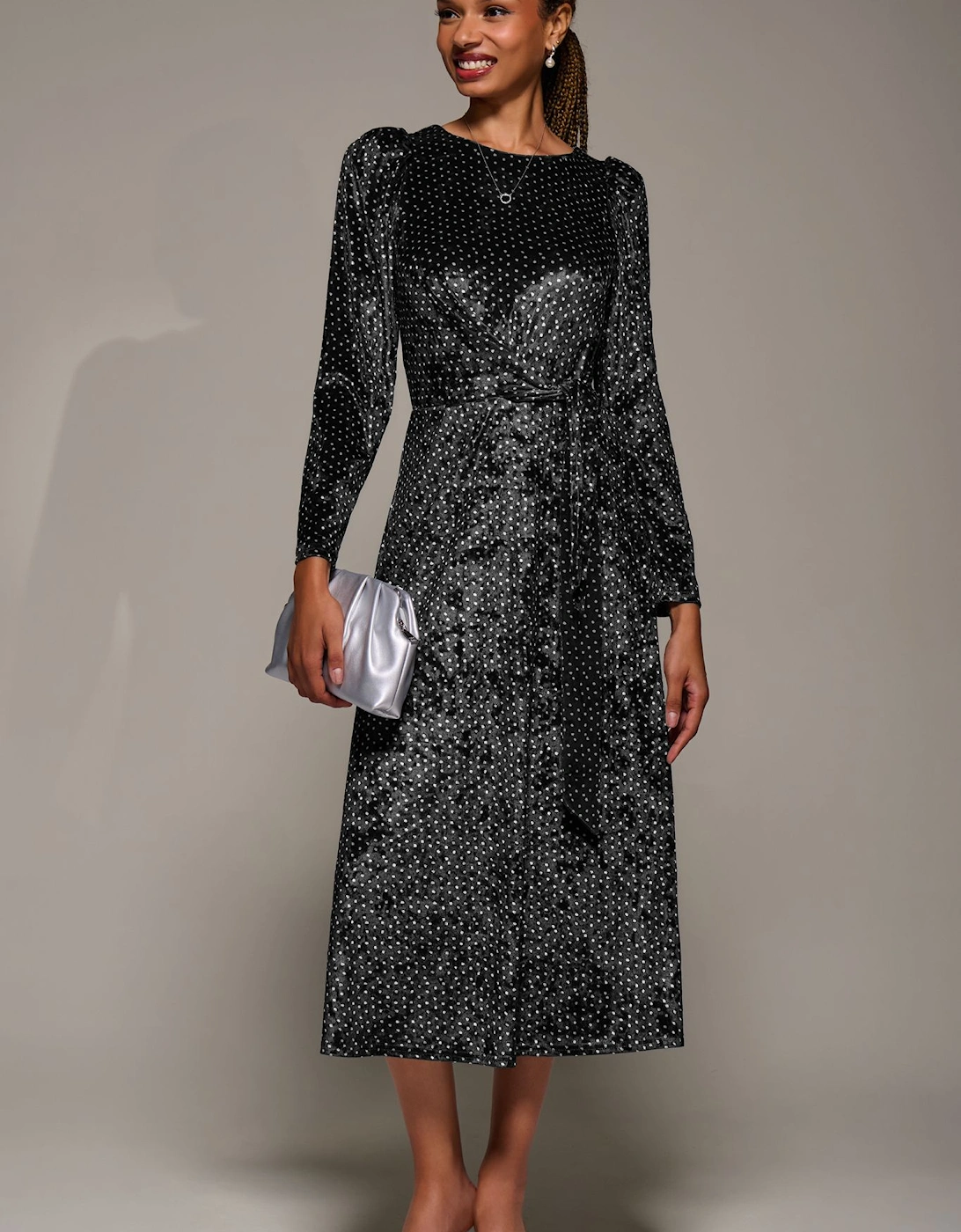 Long Sleeve Velvet Tie Detail Midi Dress, 2 of 1