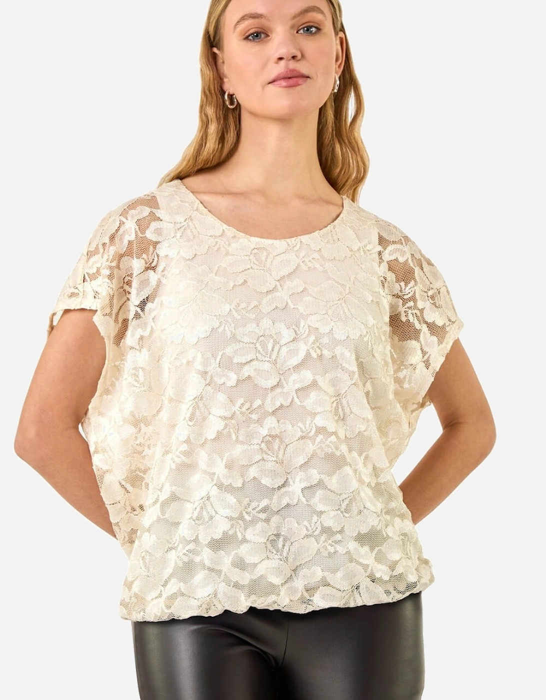 Floral Lace Overlay Stretch Top, 2 of 1