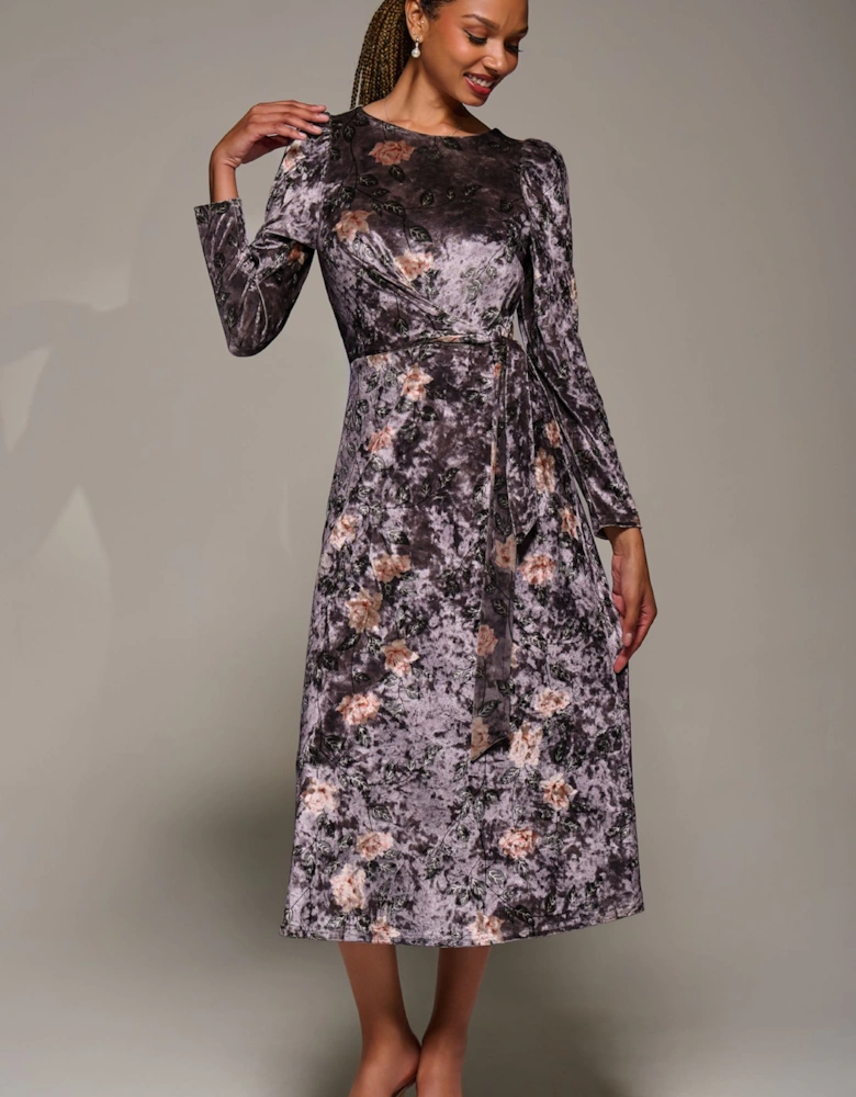 Long Sleeve Velvet Tie Detail Midi Dress