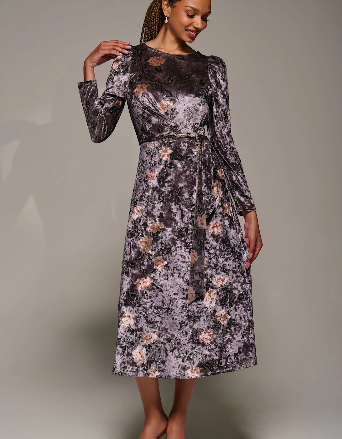 Long Sleeve Velvet Tie Detail Midi Dress, 2 of 1