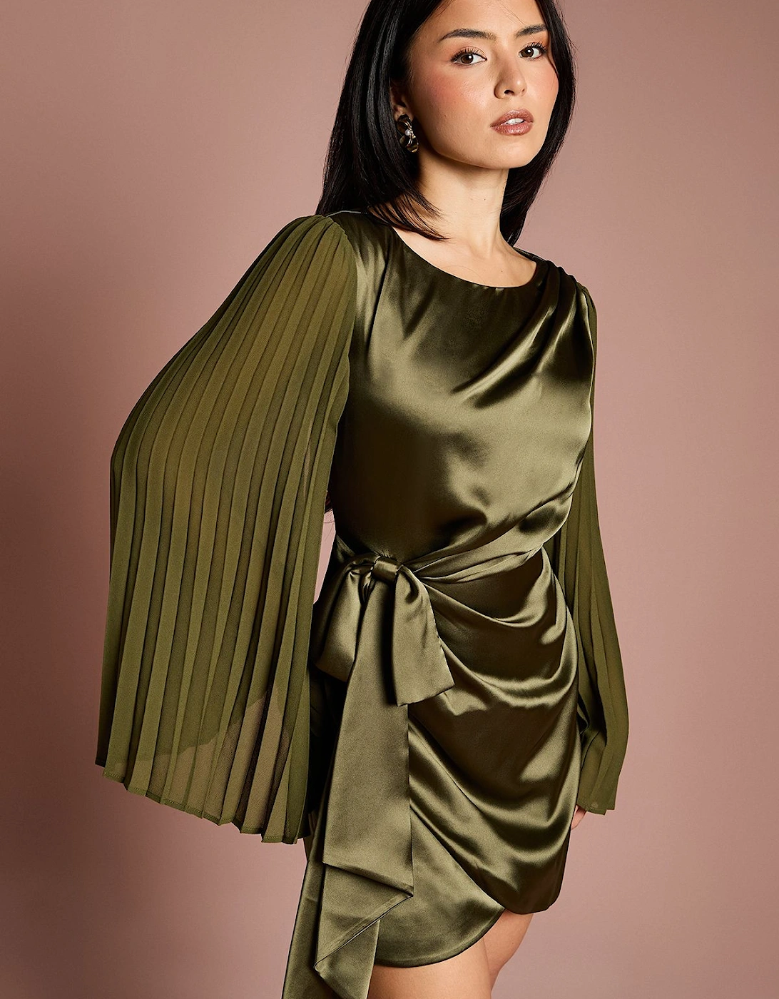 Petite Satin Pleated Flare Sleeve Wrap Mini Dress, 2 of 1