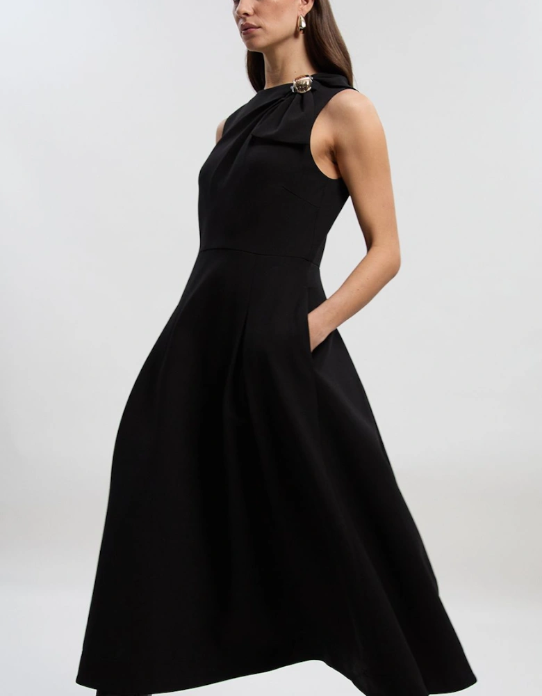 Petite Compact Stretch Bow Tie Neck Trim Detail Tailored Full Midi Dress