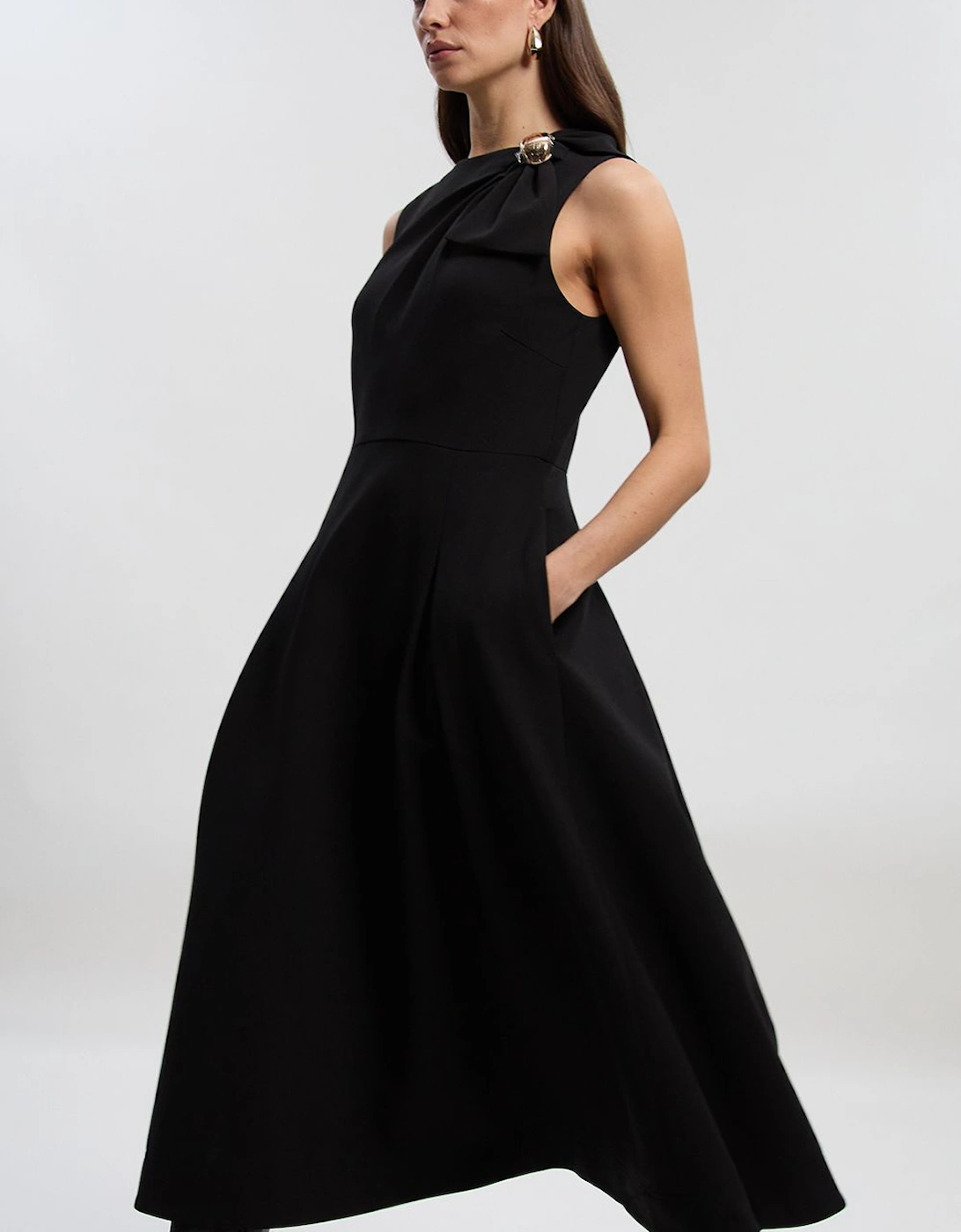 Petite Compact Stretch Bow Tie Neck Trim Detail Tailored Full Midi Dress, 2 of 1