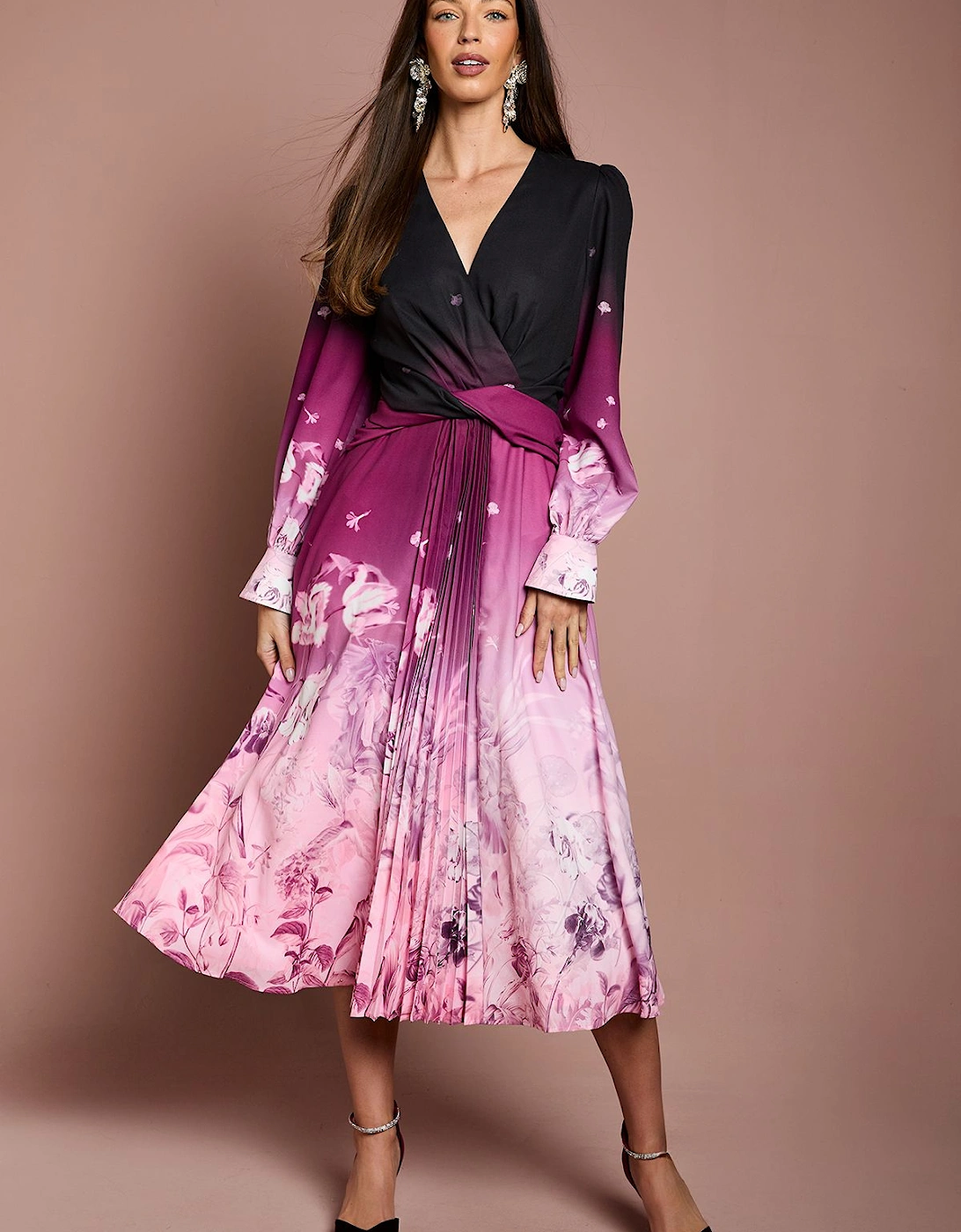 Pleat Waist Boarder Print Organza Midi Dress, 2 of 1