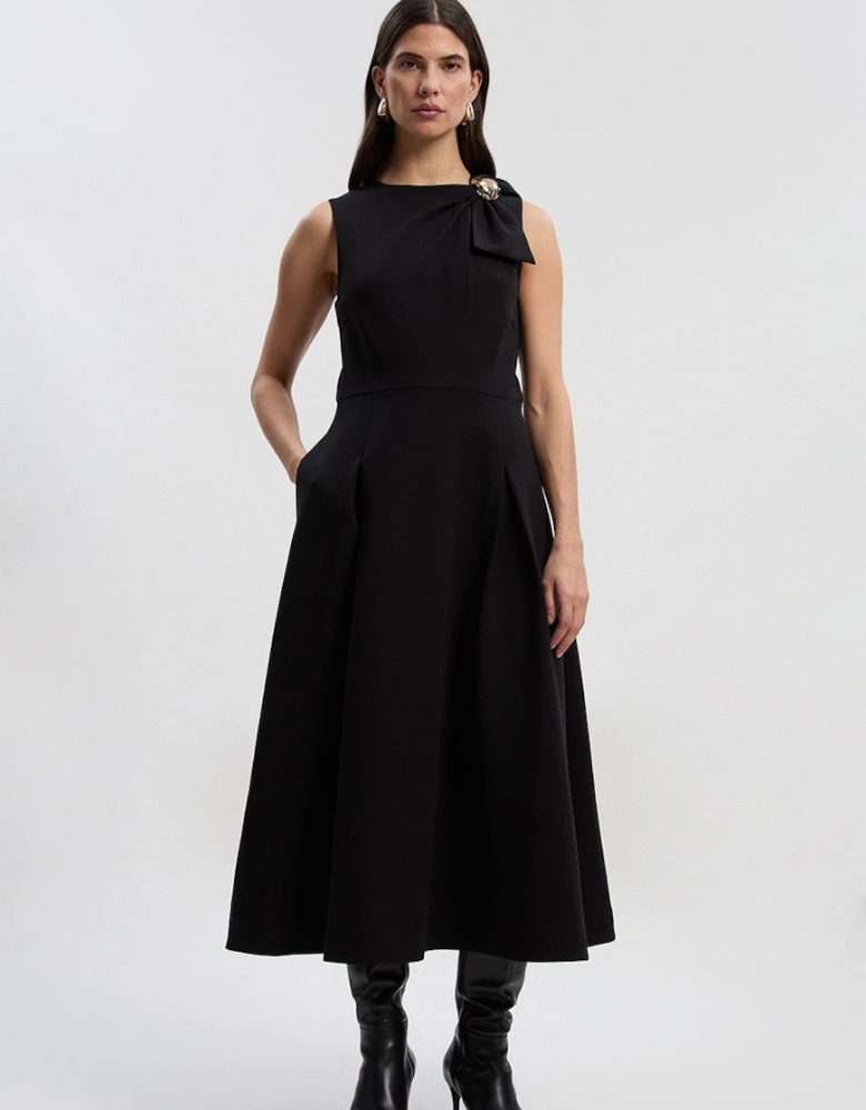 Compact Stretch Bow Tie Neck Trim Detail Tailored Full Midi Dress