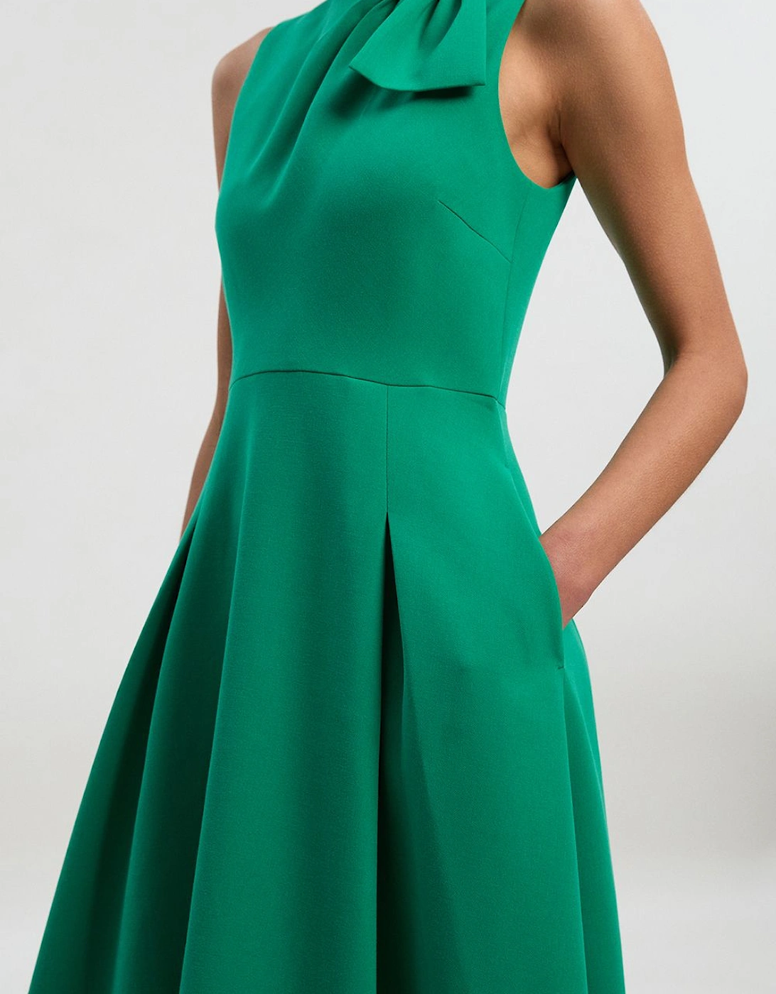 Compact Stretch Bow Tie Neck Trim Detail Tailored Full Midi Dress, 2 of 1