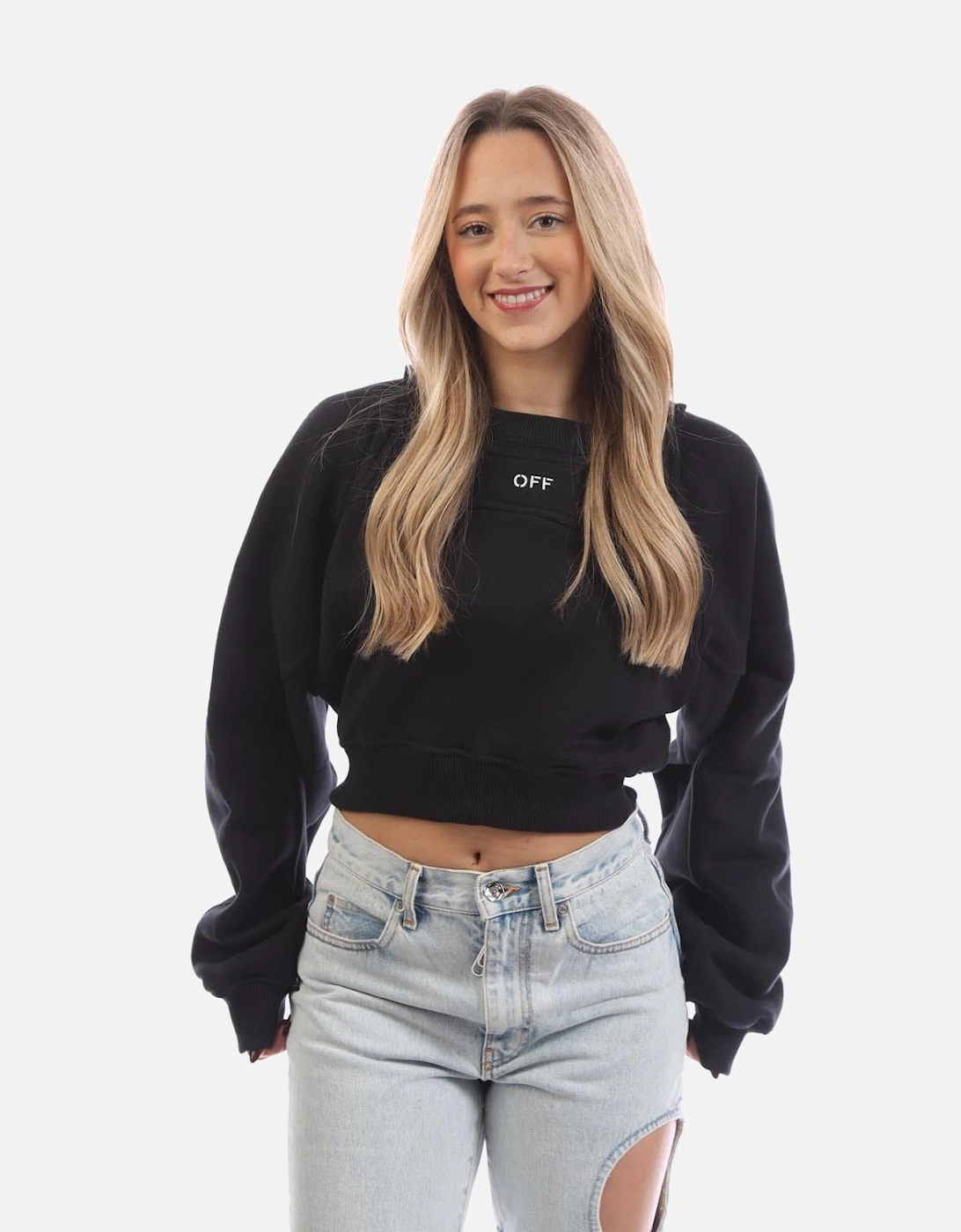 OFF-WHITE Women's Off Stamp Round Crop Crewneck Sweatshirt - Black/Multi - Size: 6